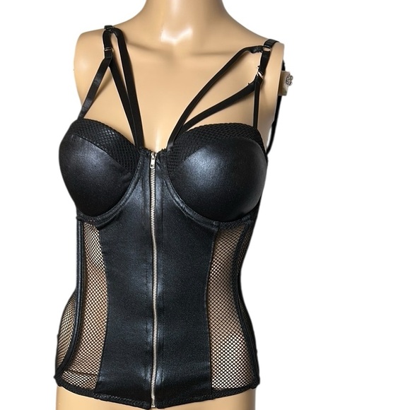 Bustier,Corset,faux leather,mesh,padded,boned,lingerie,whimsigoth,bedroom,L, EC - Picture 4 of 16